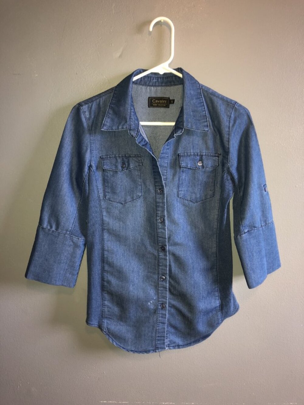 Cavalini Denim Collection 3/4 Roll Tab Sleeve Shirt Blue Cowgirl Size Small